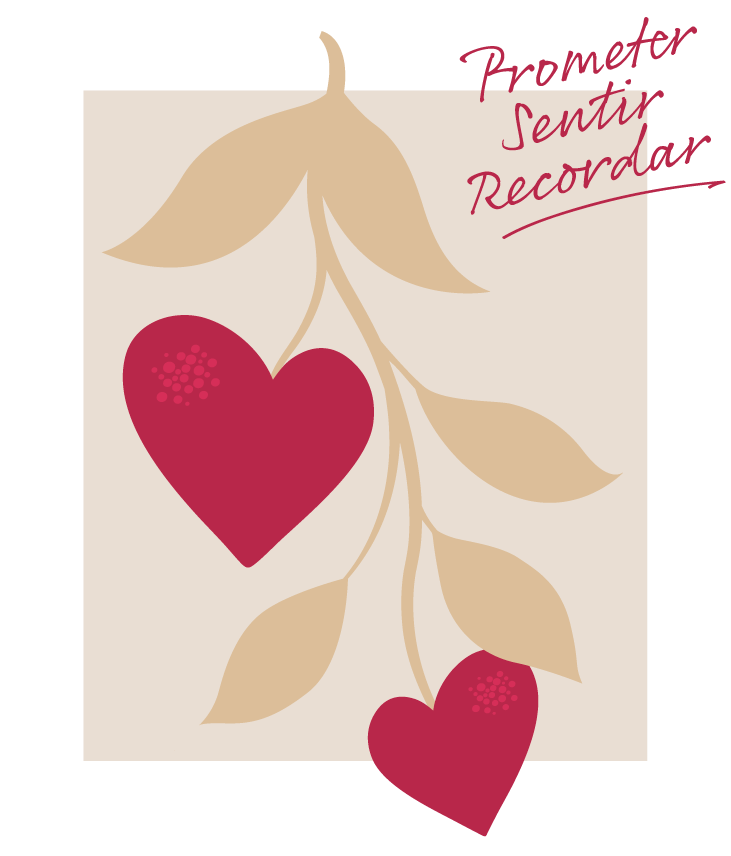 Ilustración de rama con corazones, con un texto que pone: Prometer, Sentir, Recordar